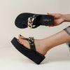 Women's Solid Color Flip Flops, Platform Slip On Soft Sole Metallic Chain Decor Slides, Comfort Wedge Beach Shoes