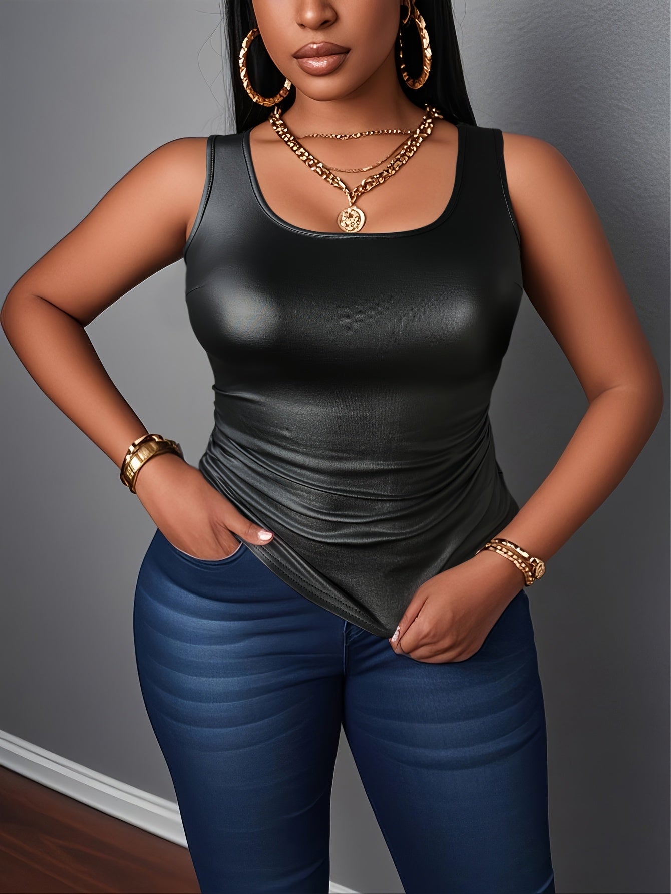 1pc Women'S Sexy Faux Leather Tank Top, Solid Color Scoop Neck Ruffle Sleeveless Knit Fabric Pullover, Skinny Fit Summer Vest