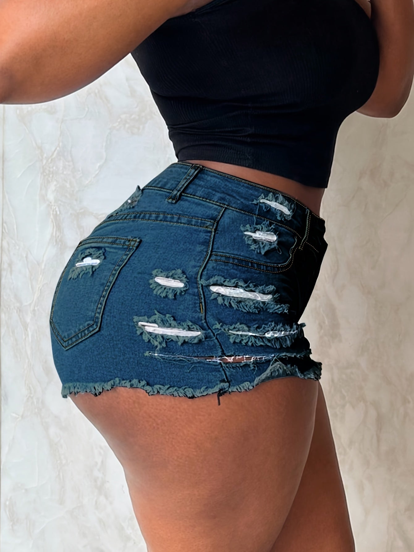 Women's Mid-Rise Ripped Denim Shorts with Frayed Hem, Distressed Detailing & Built-in Zipper Pockets - Casual Summer Straight Leg Jean Shorts in Blue, Summer Casual Wear | Trendy Ripped Shorts | Durable Denim