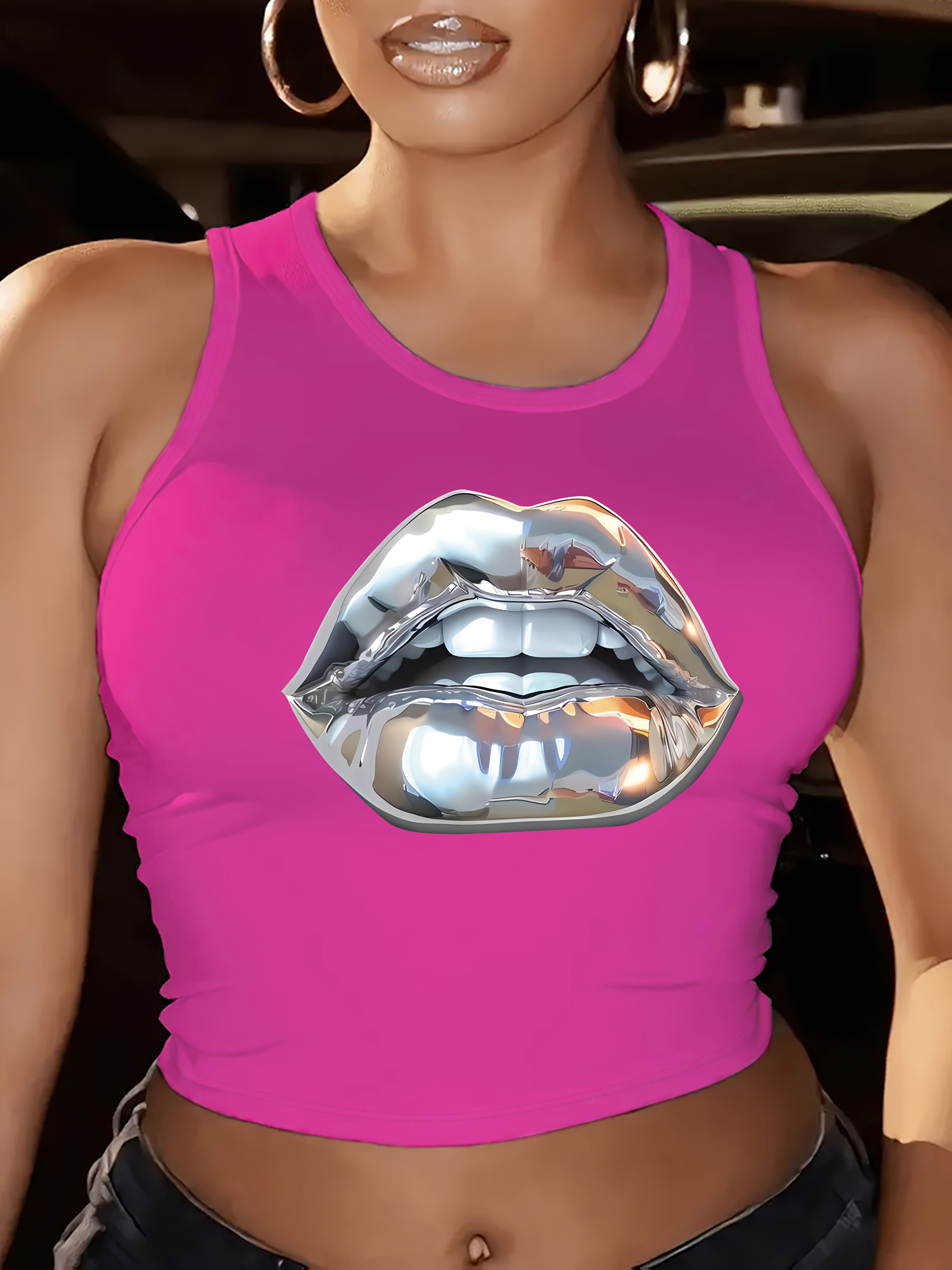 [Casual Fashion Crew Neck Vest] Lip Pattern Vest, Sleeveless Casual Fashion Crew Neck Vest, Spring/ Summer Women's Top