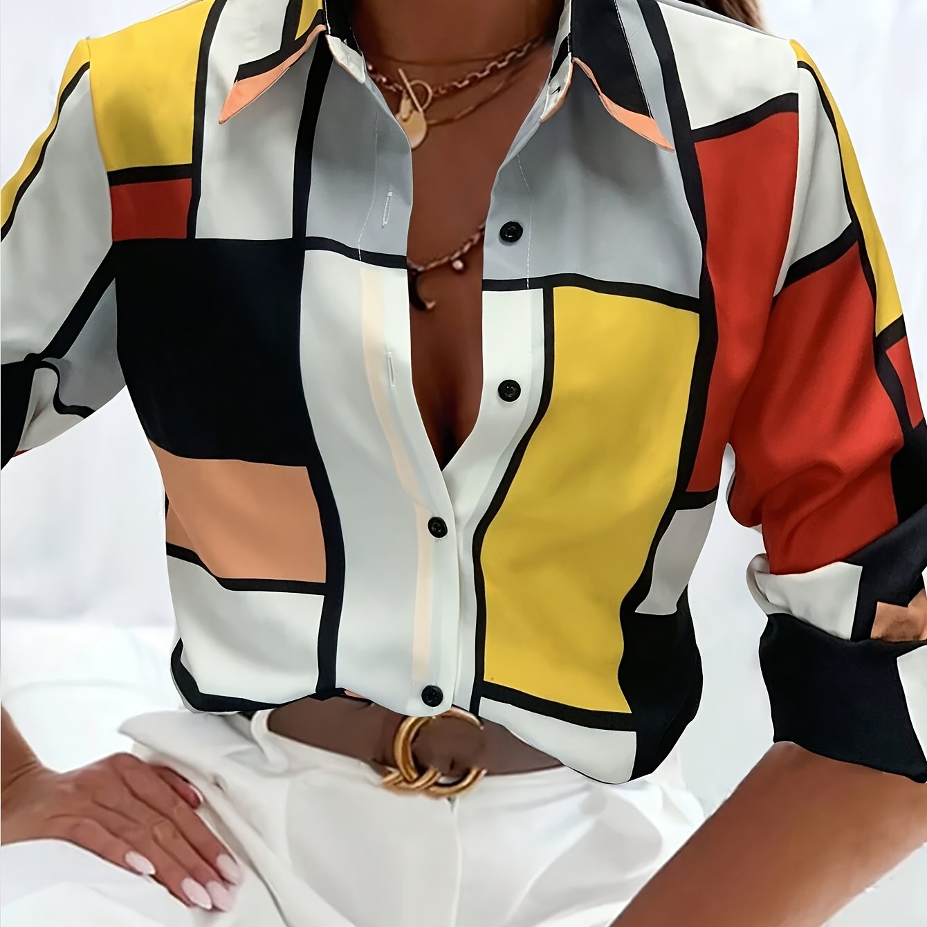 Color Block Button Up Shirt, Elegant Long Sleeve Collared Shirt For Spring & Fall, Women's Clothing