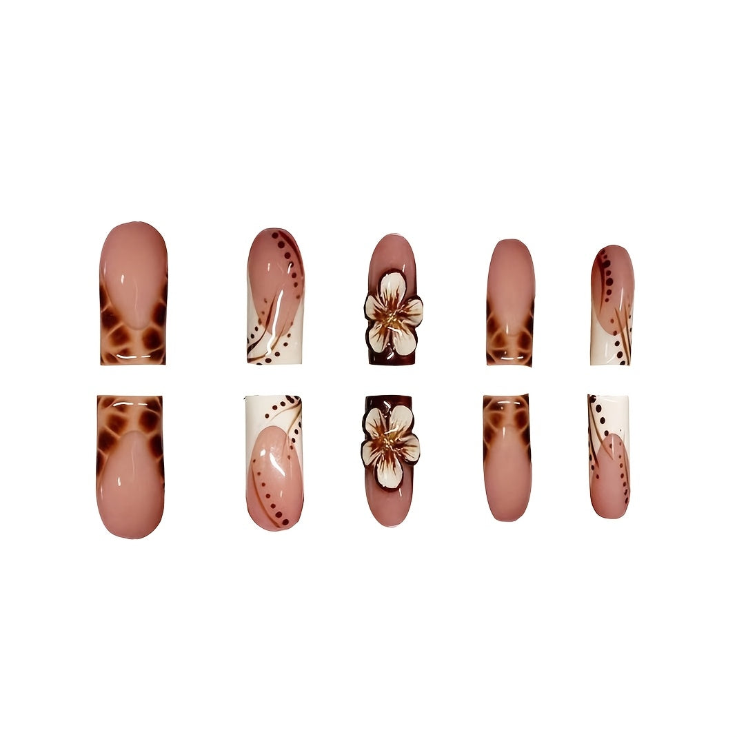 24pcs Press On Nails Set, Full Cover Medium Length, Leopard Print & Colorblock Design, Glossy Finish, with 3D Floral Accents, Includes Nail File and Jelly Glue