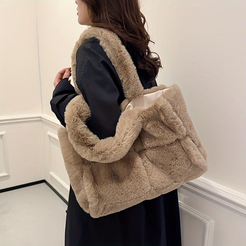 Chic Faux Fur Shoulder Bag for Women - Spacious & Versatile, Magnetic Closure, Faux Leather Lined - Available in Pink, Deep Brown, White, Black