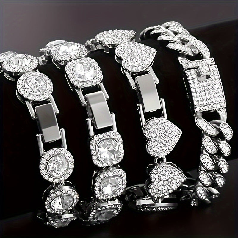 Fashion Women's 4-piece Combo Set - Women's Heart-studded Synthetic Zircon Cuban Bracelet - Multi-layer Chain Bracelet Set - Perfect For Giving Women's Gift Set - , Banquet, Gift Giving, Everyday Accessories
