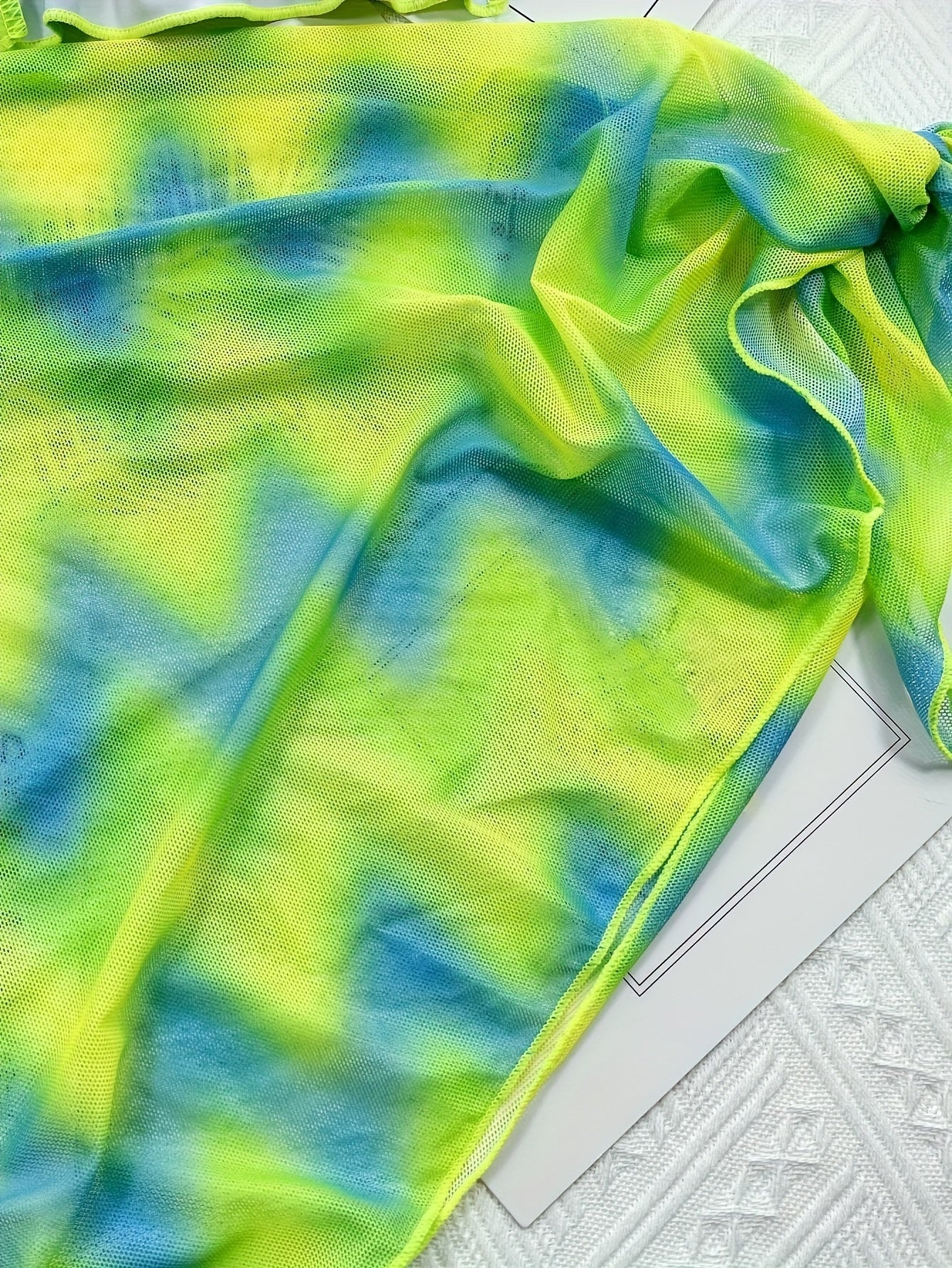 3pcs Sexy Tie Dye Bikini Set with Frill Trim, Halter Neck Triangle Bra, Thong Bottom & Beach Skirt, Removable Padding, High Stretch Knit Fabric, All-Season Swimwear