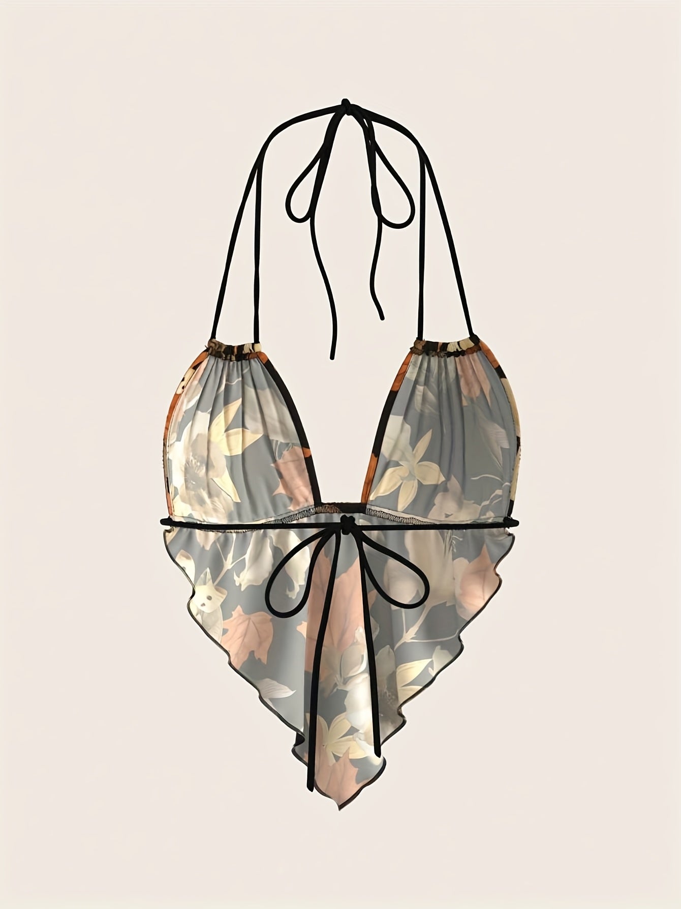 Hawaiian style random printed maple leaf backless halter top, daily casual summer wear halter top, sleeveless V-neck, irregular printed halter top, slim fit, thin shoulder strap, backless design suitable for summer casual wea