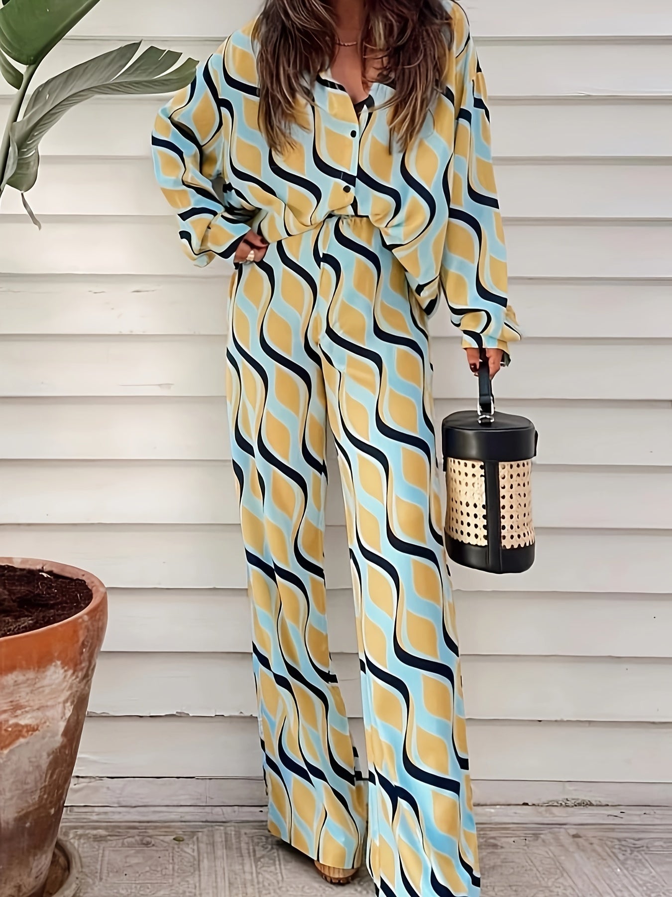 Casual Sweet Printed Long-Sleeve Shirt And Pants Two-Piece Set
