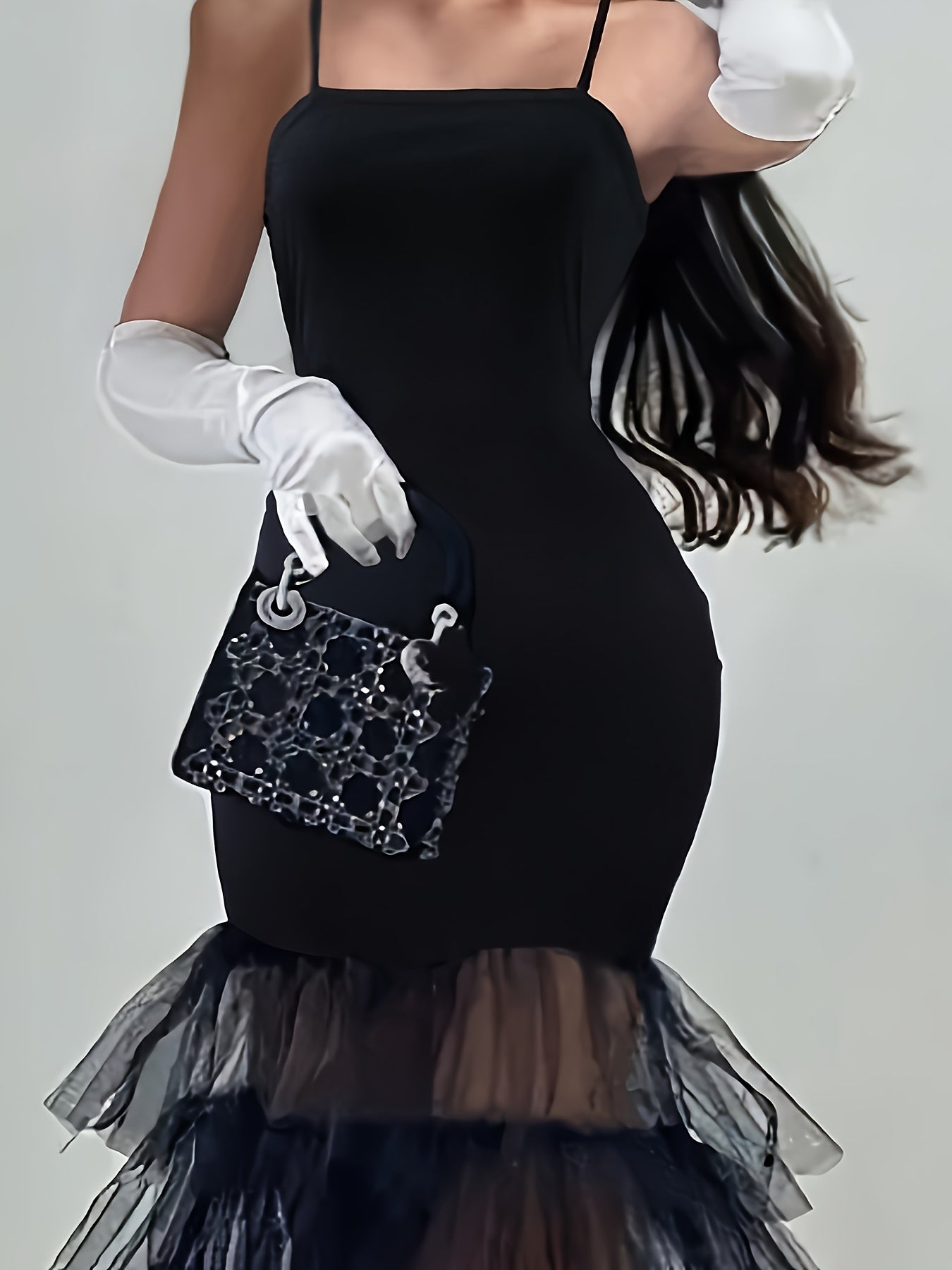 Women's Elegant Black Bodycon Party Dress with Sheer Mesh Layers, Thin Straps & Ruched Detailing - Machine Washable Formal Evening Gown, Event Ready | Sophisticated Tailoring, Evening Party Dress