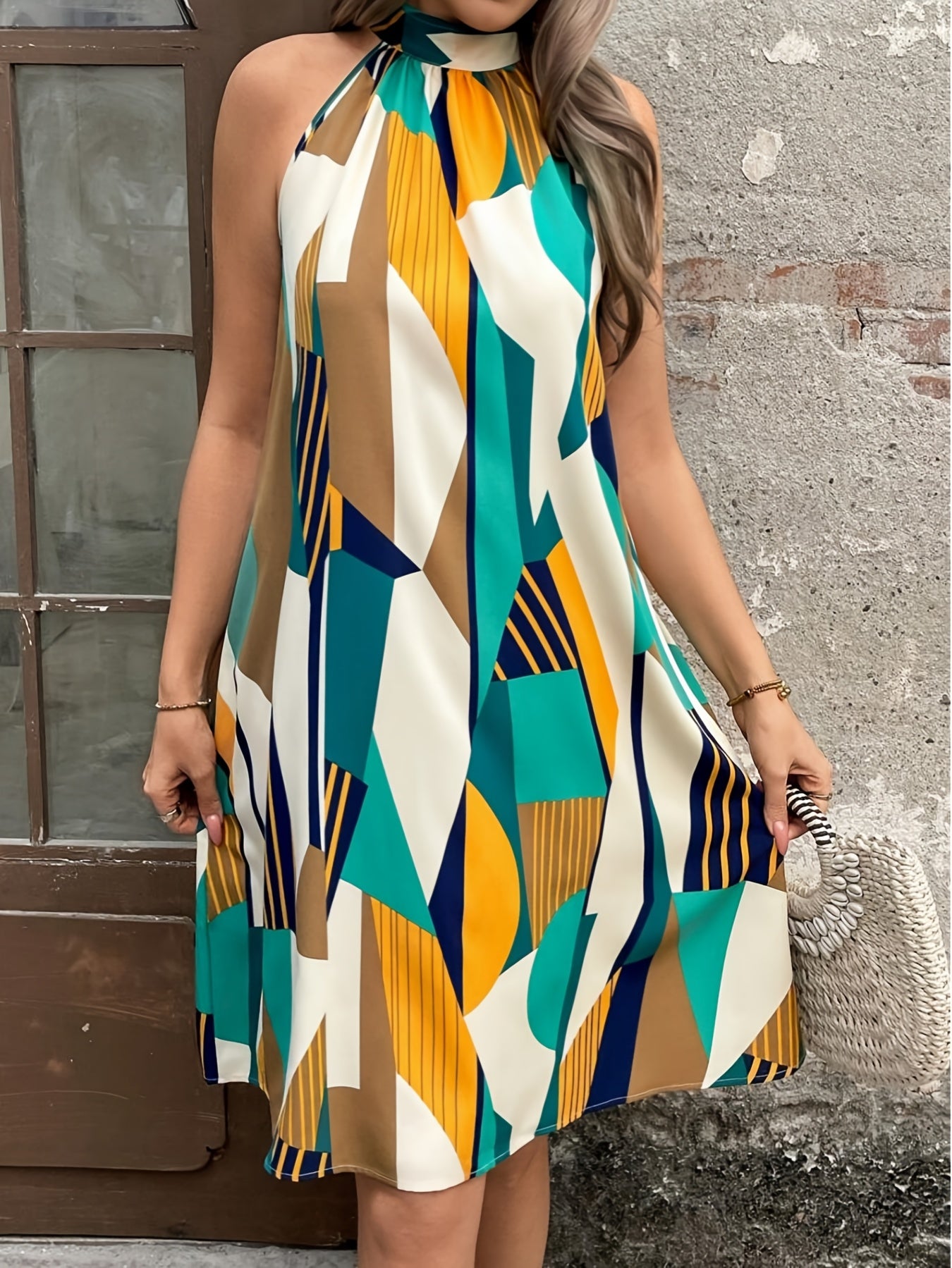 Elegant Off-Shoulder Geometric Print Dress - Sleeveless, Knee-Length Polyester Vacation Wear for Women