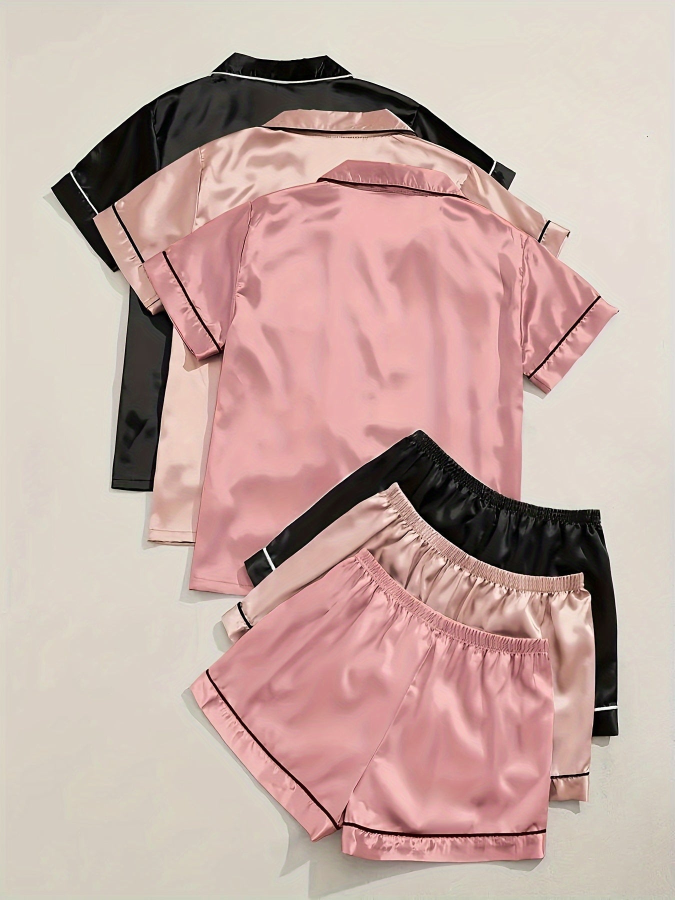 3 Sets Solid Satin Pajama Set, Casual Short Sleeve Buttons Lapel Top & Elastic Shorts, Women's Sleepwear
