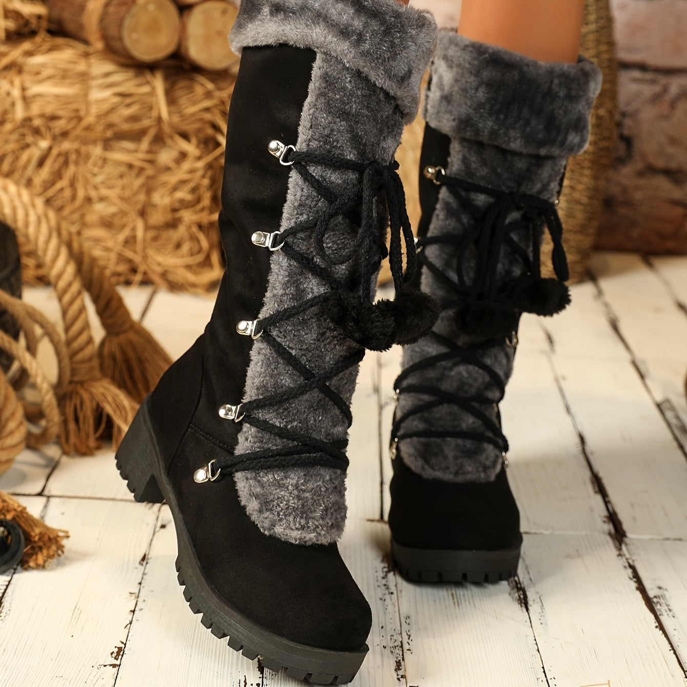 Warm Mid-Calf Winter Snow Boots - Elegant Women's Fur-Lined Knight Boots with Chunky Heel, Pom-Pom Accents & Side Zipper - Cozy Thermal Insulated Riding Boots for Cold Weather