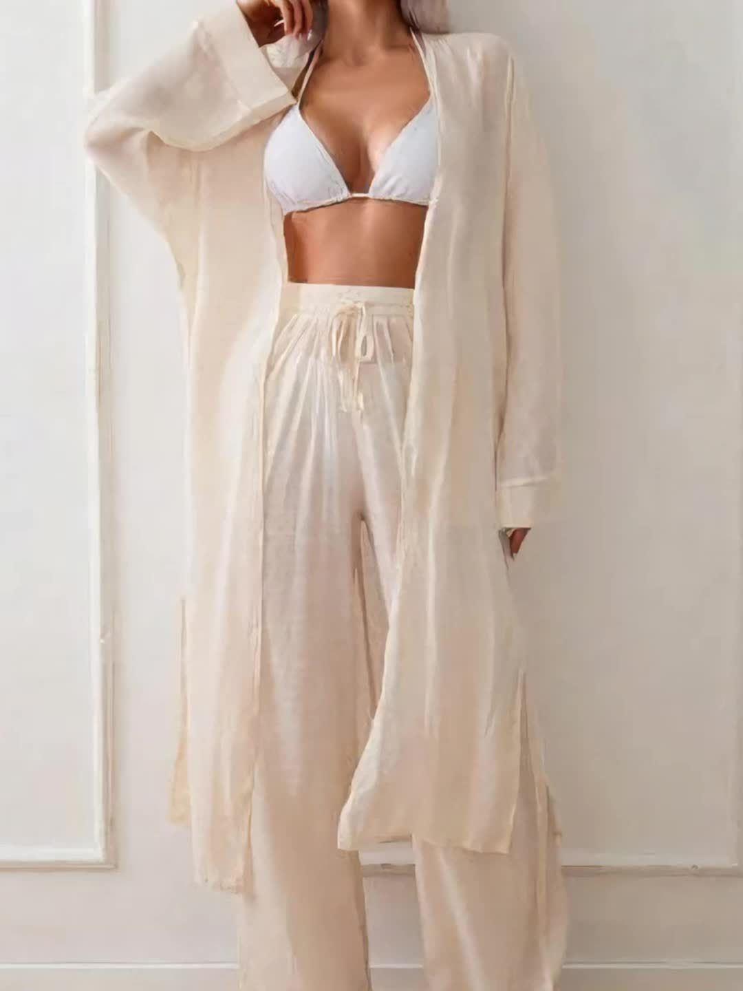 Tralook Brand Vacation Set Solid Color Spring/Summer Semi-Sheer Sun Protection Shirt and Loose Pants Two-Piece