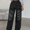 Women's Straight Leg Loose Jeans with Striped Detail - Mid-Rise, Black Denim, Casual Streetwear for Parties, Hip-Hop Style, Machine Washable