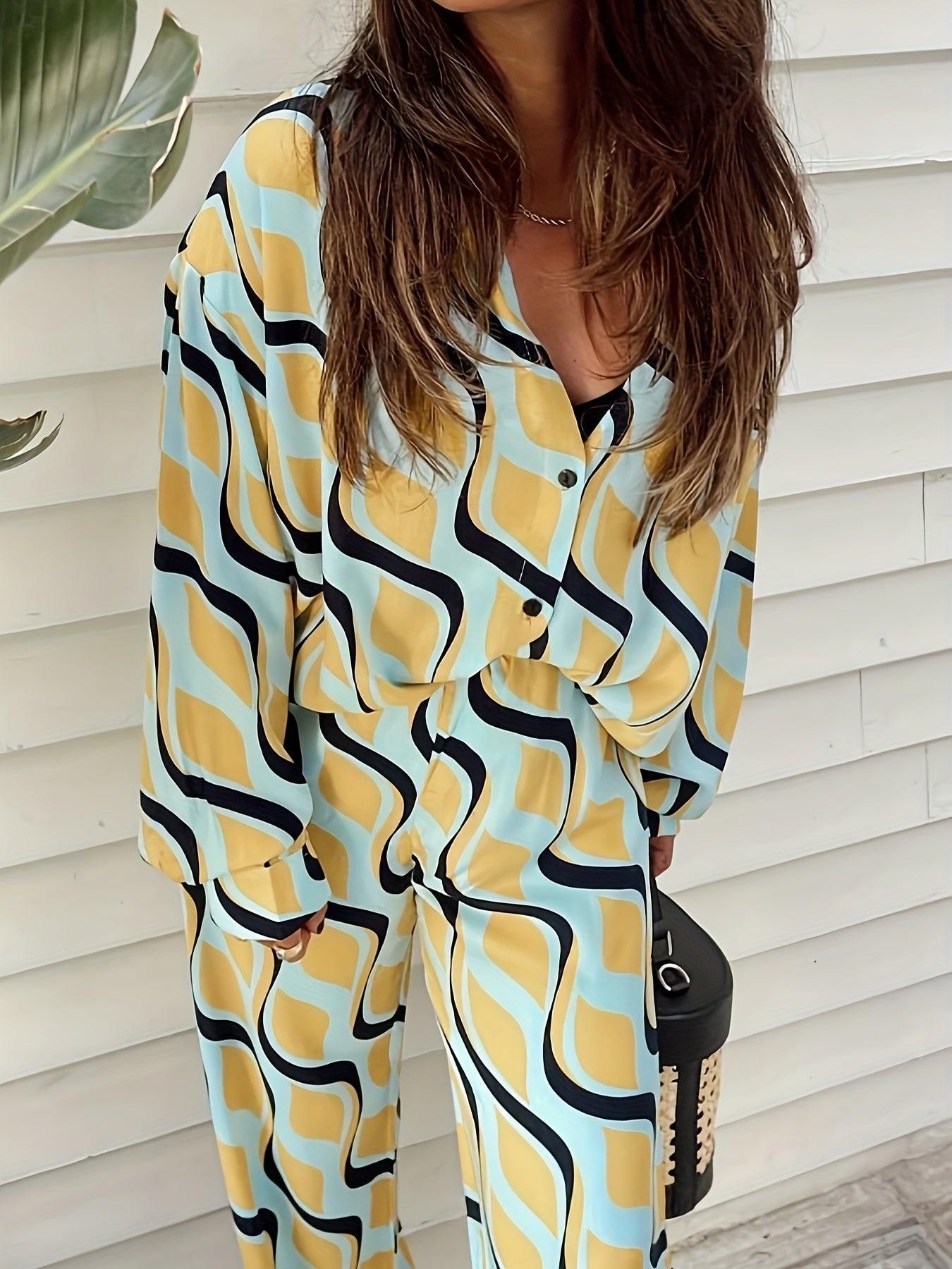 Casual Sweet Printed Long-Sleeve Shirt And Pants Two-Piece Set
