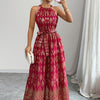 Women's Red Geometric Print Halter Neck Sleeveless A-Line Maxi Dress - Tie Waist, Vacation Style, Lightweight Polyester for Spring/Summer