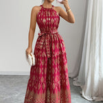 Women's Red Geometric Print Halter Neck Sleeveless A-Line Maxi Dress - Tie Waist, Vacation Style, Lightweight Polyester for Spring/Summer