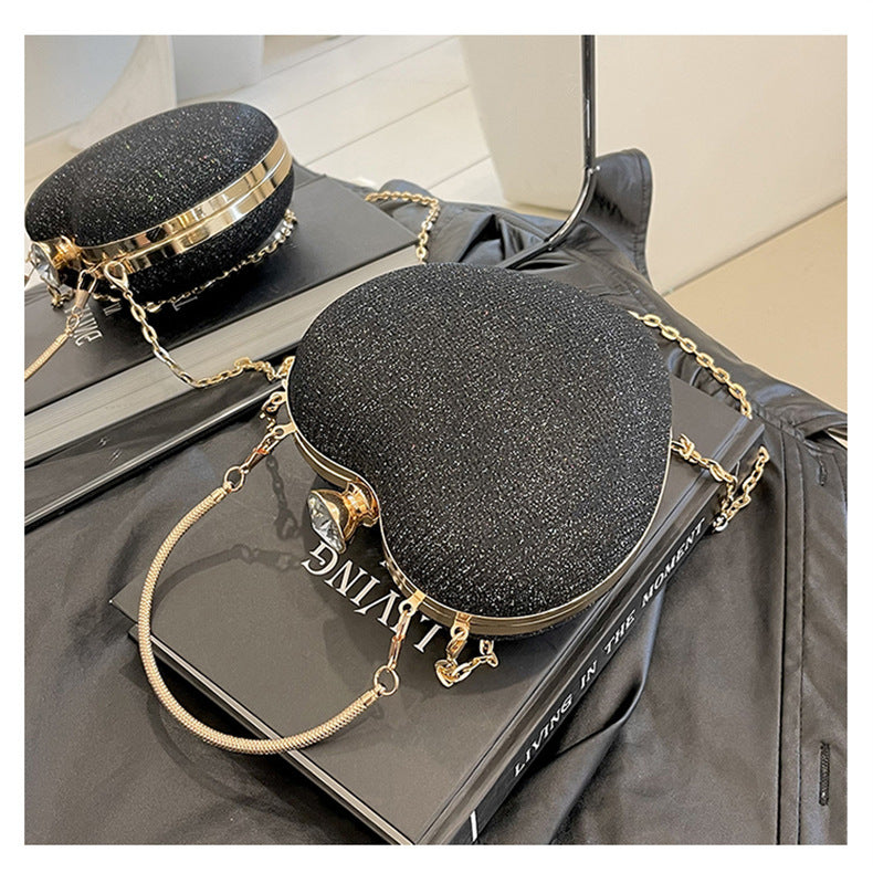 Ladies Fashion Shining Chain Crossbody Bag, Elegant Shoulder Heart Shaped, Metal Embellished, Black, with Buckle Closure, for Party, Wedding, Date