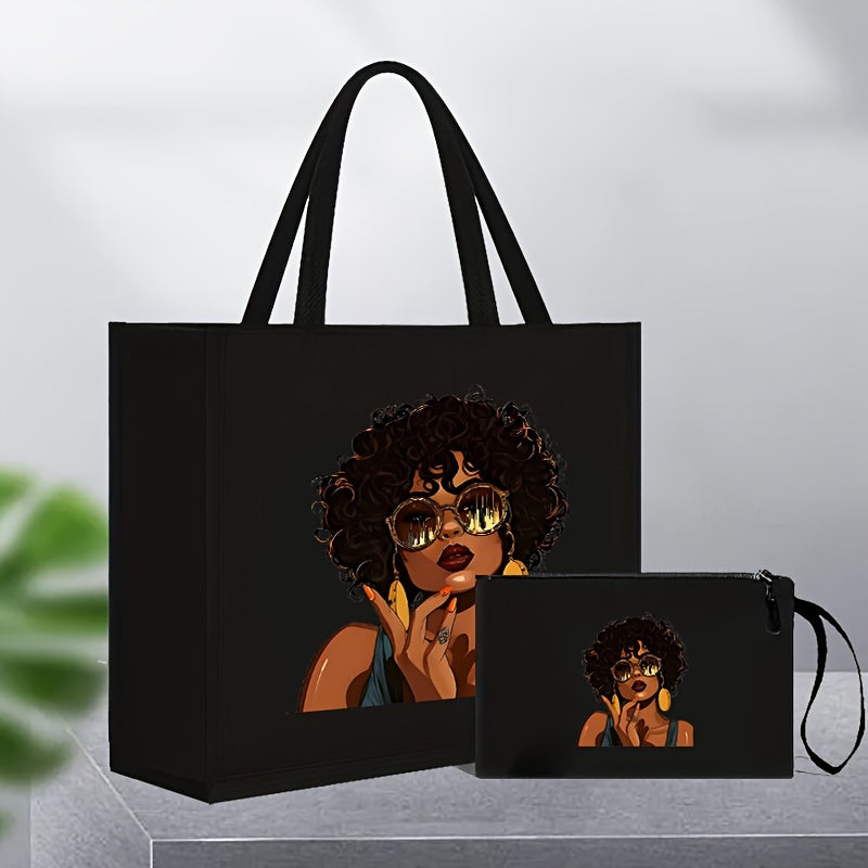 Elegant beauty print satchel set, 2pcs lady portfolio handbag, with makeup bag, lightweight and large capacity, very suitable for work, school, shopping, gifts