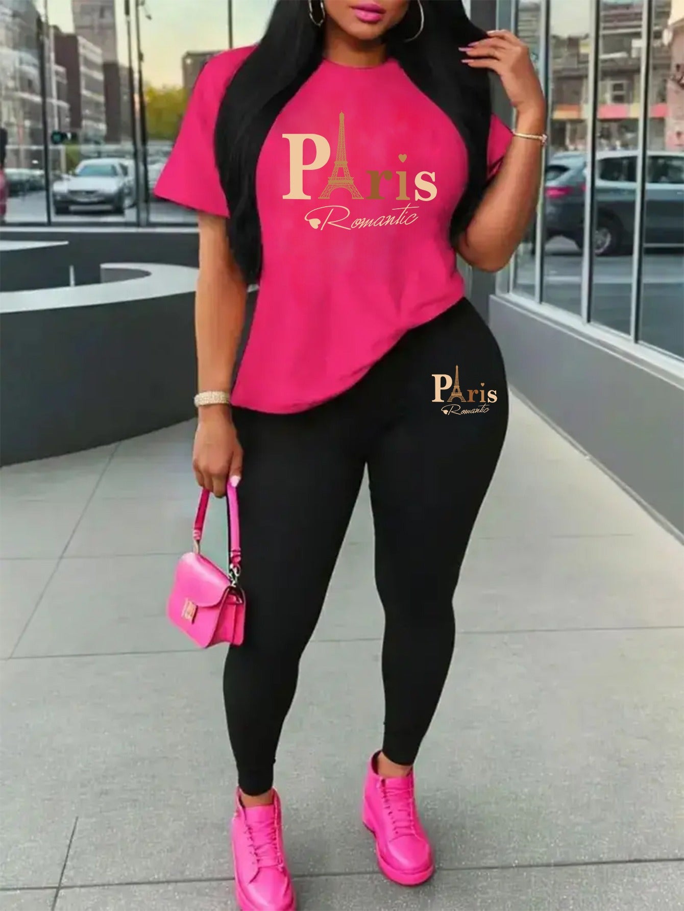 Eiffel Tower Paris-Inspired Women's Casual Outfit - Comfy Short Sleeve Tee & Stylish Pants Set, Machine Washable