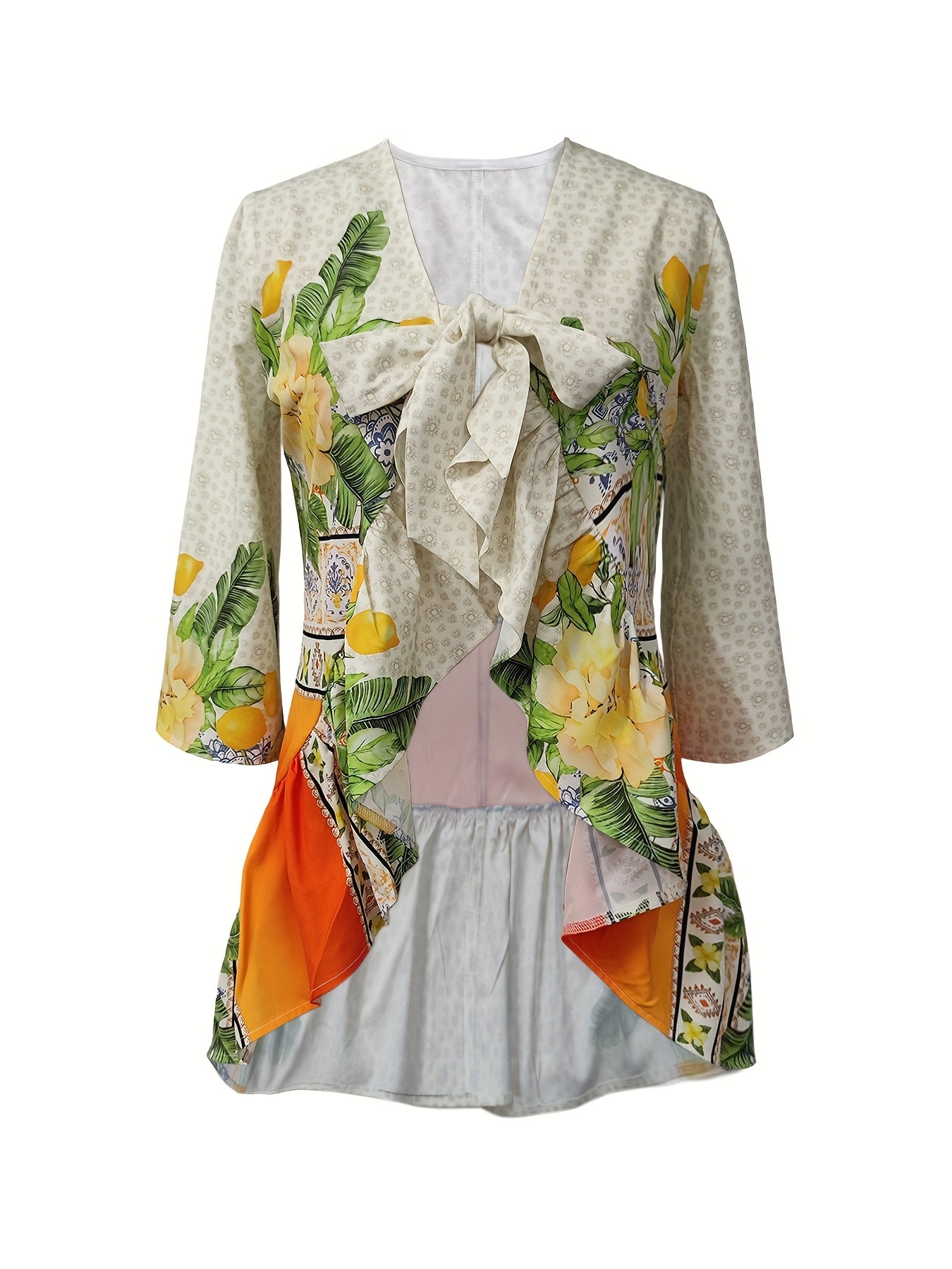 Elegant Women's Butterfly Print V-Neck Blouse - Lightweight Polyester Summer Shirt with Floral Design, Machine Washable, Perfect for Casual or Semi-Formal Occasions, Elegant Long Sleeve Button Blouses