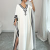 Women'S Elegant V-Neck Maxi Dress with Batwing Sleeves & Striped Detail - Casual Kaftan Style, Lightweight Polyester, Perfect for Spring/Fall, Adult Clothing | Vneck Dress | Striped Detail Dress
