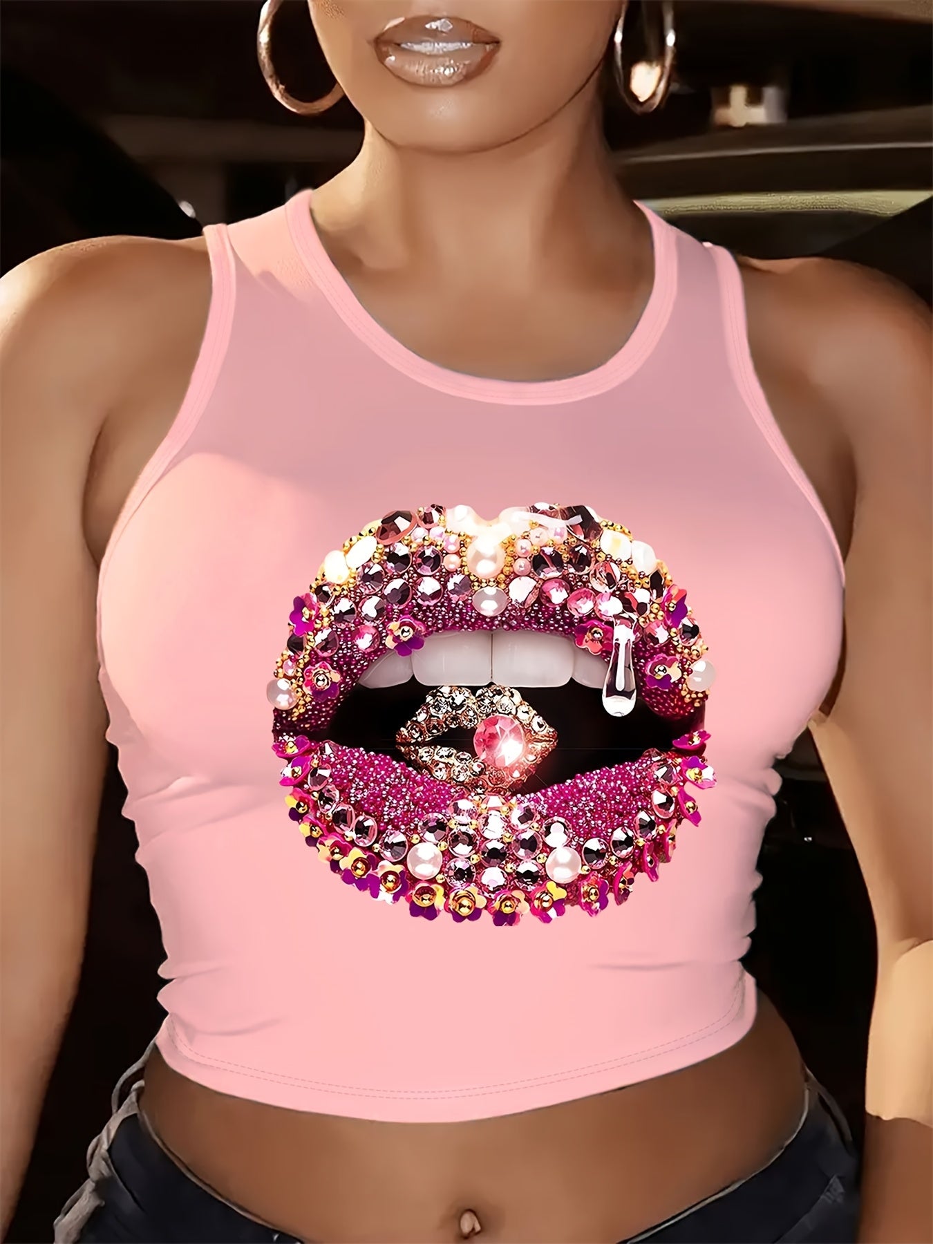 Glamorous Lip Print Tank Top with Rhinestones & Sequins - Sleeveless, Round Neck, Casual Fashion for Women, Spring/Summer Collection, Rhinestone Embellishments, Vibrant Colors, Blingy Style, Ladies Tank Tops
