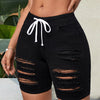 Women's Black Color Plain Ripped Denim Bermuda Shorts, Elastic Waist With Drawstring, Casual Distressed Mid-Thigh Length Jean Shorts, Mature Style
