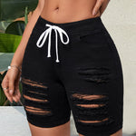 Women's Black Color Plain Ripped Denim Bermuda Shorts, Elastic Waist With Drawstring, Casual Distressed Mid-Thigh Length Jean Shorts, Mature Style