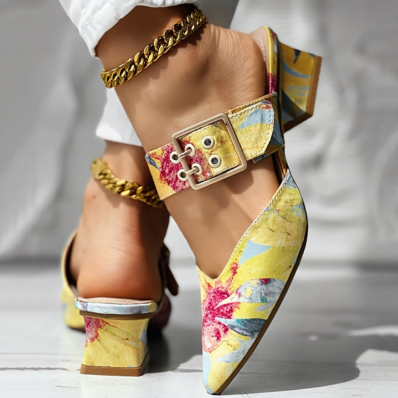 Chic Guangdong-Inspired Women's Sandals with Unique Print, Slip-On Pointed Toe Mid-Heel Shoes - Faux Cover & PVC Sole