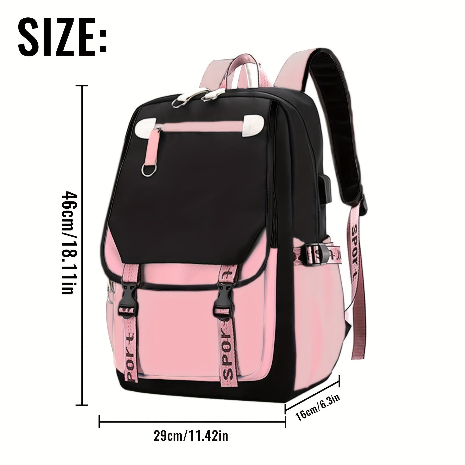 Hello Kitty Pink & Black Backpack with Plush Pendant - Cute Multi-Compartment Daypack, Adjustable Straps, Zip Closure, Lightweight & Foldable, Ideal for Daily Commute & Sanrio Fans, Kawaii Backpack | Charming Decoration | Pol