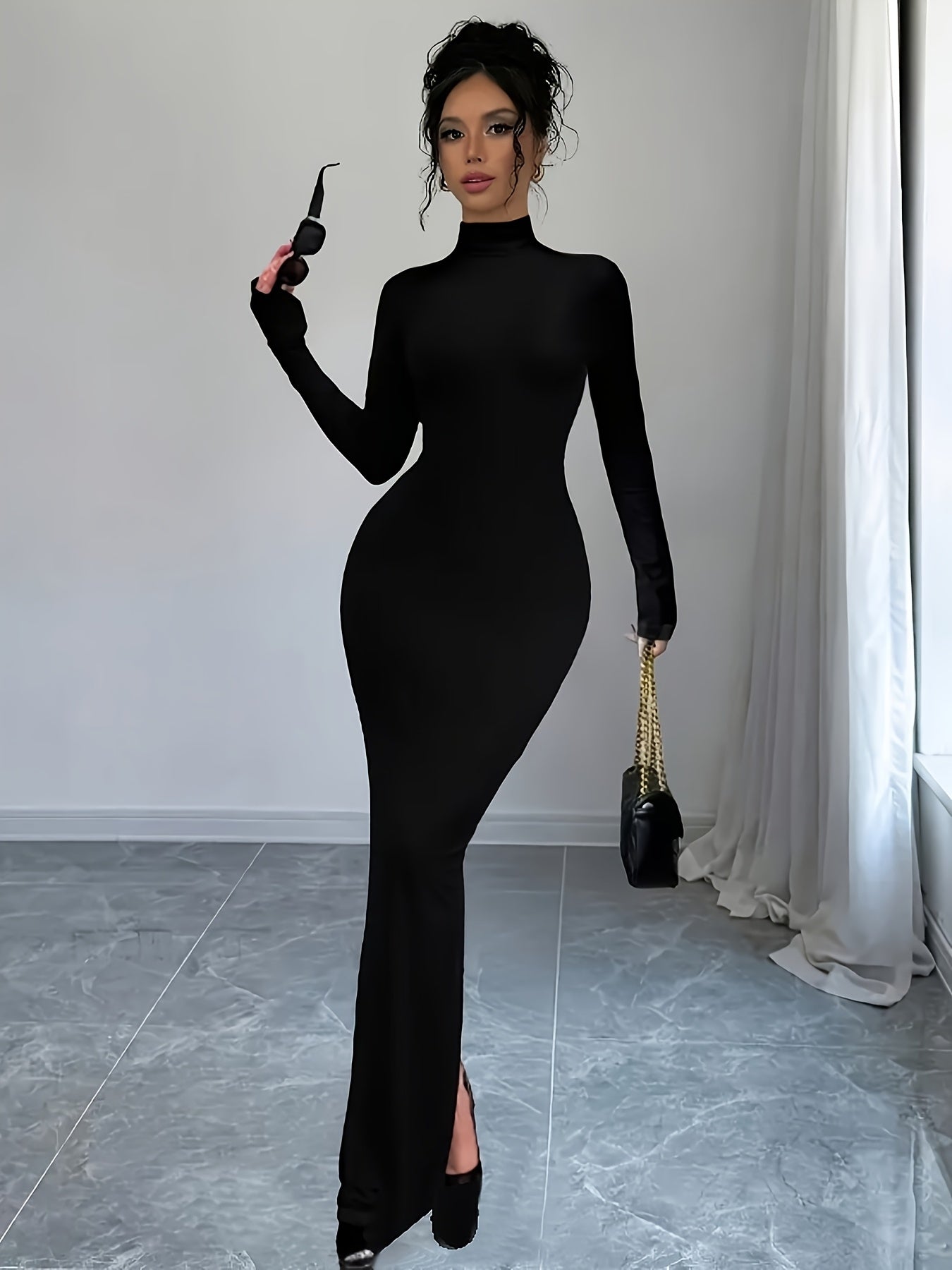Elegant Long Sleeve Bodycon Dress - Round Neck, Backless Design, Stretch Polyester Fabric, Machine Washable - Perfect for All Seasons, Form-Fitting Maxi Dress for Women, Tight Fitted Dress