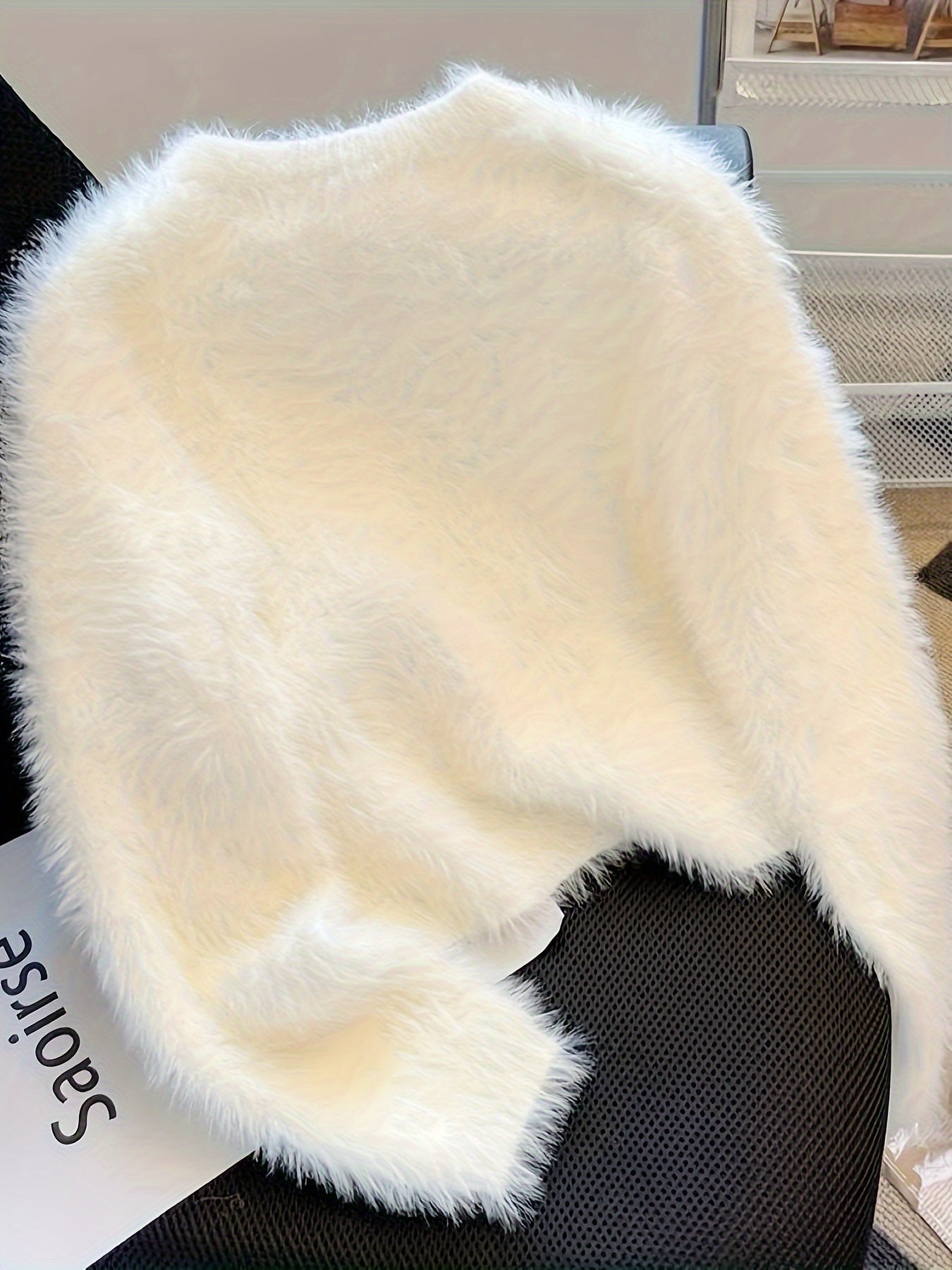 Faux Fur Crew Neck Sweater, Elegant Long Sleeve Sweater For Fall & Winter, Women's Clothing