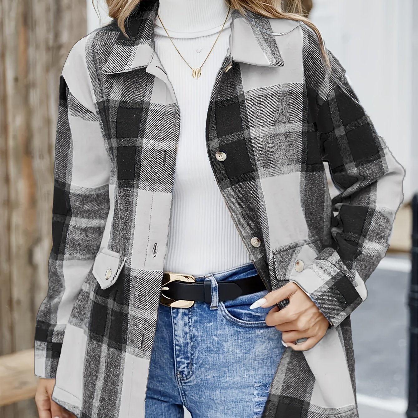 Elegant Plaid Long Sleeve Shirt, Women'S Blue, Polyester, Lapel Collar, Woven, 120gsm, for Spring/Summer