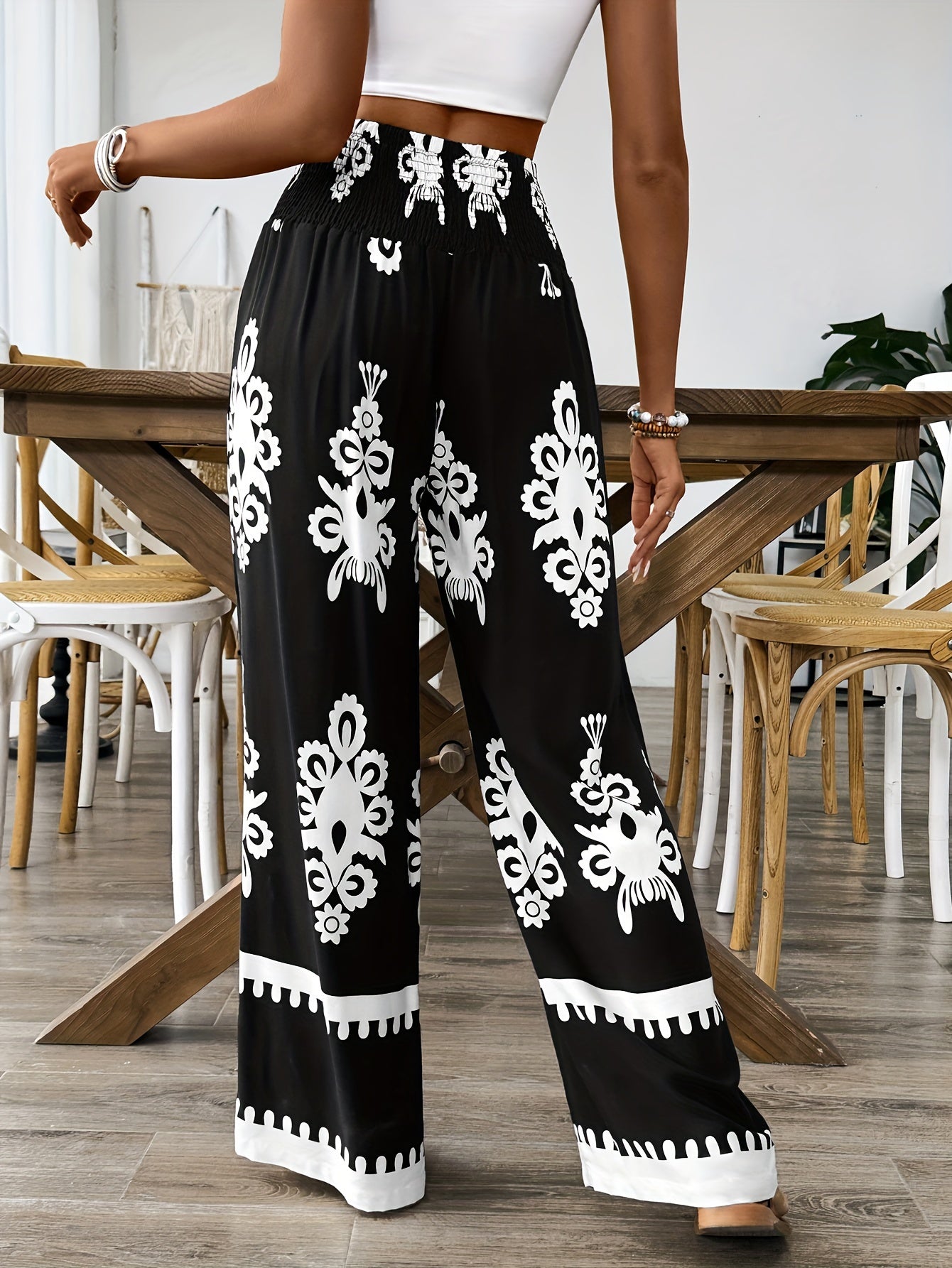Women's Navy & White Floral Print Wide-Leg Pants with Elastic Waist Drawstring & Smocking Detail - Machine Washable All-Season Elegant Casual Trousers for Women, Comfortable Fashion, Smooth Texture Fabric