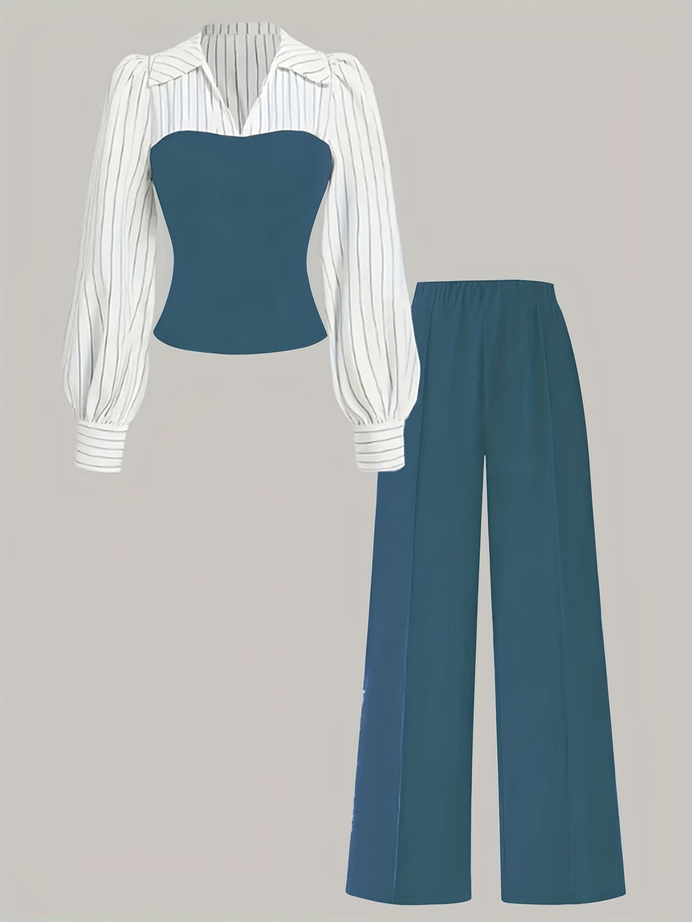 Women's Casual Elegant Two-Piece Set with Color Block Stitched Shirt and Wide-Leg Pants Suitable for All Seasons, Machine Washable, Striped V-Neck Long Pants Outfit, Accessories Not Included