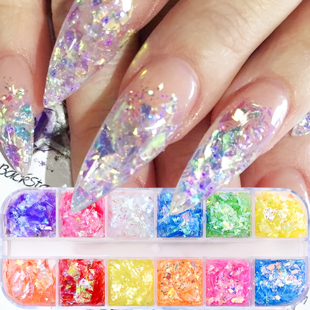 12Grid Nail Art Sequins - Ultra-Thin Large Sequins, Luminous Irregular Cut Glitter Pieces Holographic Rainbow Colors for Sparkly Manicures
