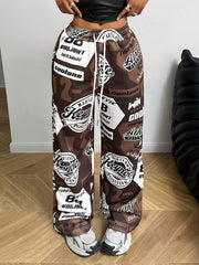 Women's Camouflage Letter Print Loose-Fit Jogger Pants with Drawstring Waist, 100% Polyester Casual Straight-Leg Trousers for Running, Workouts & Casual Attire, Workout Trousers | Relaxed Fit Pants | Drawstring Waistband