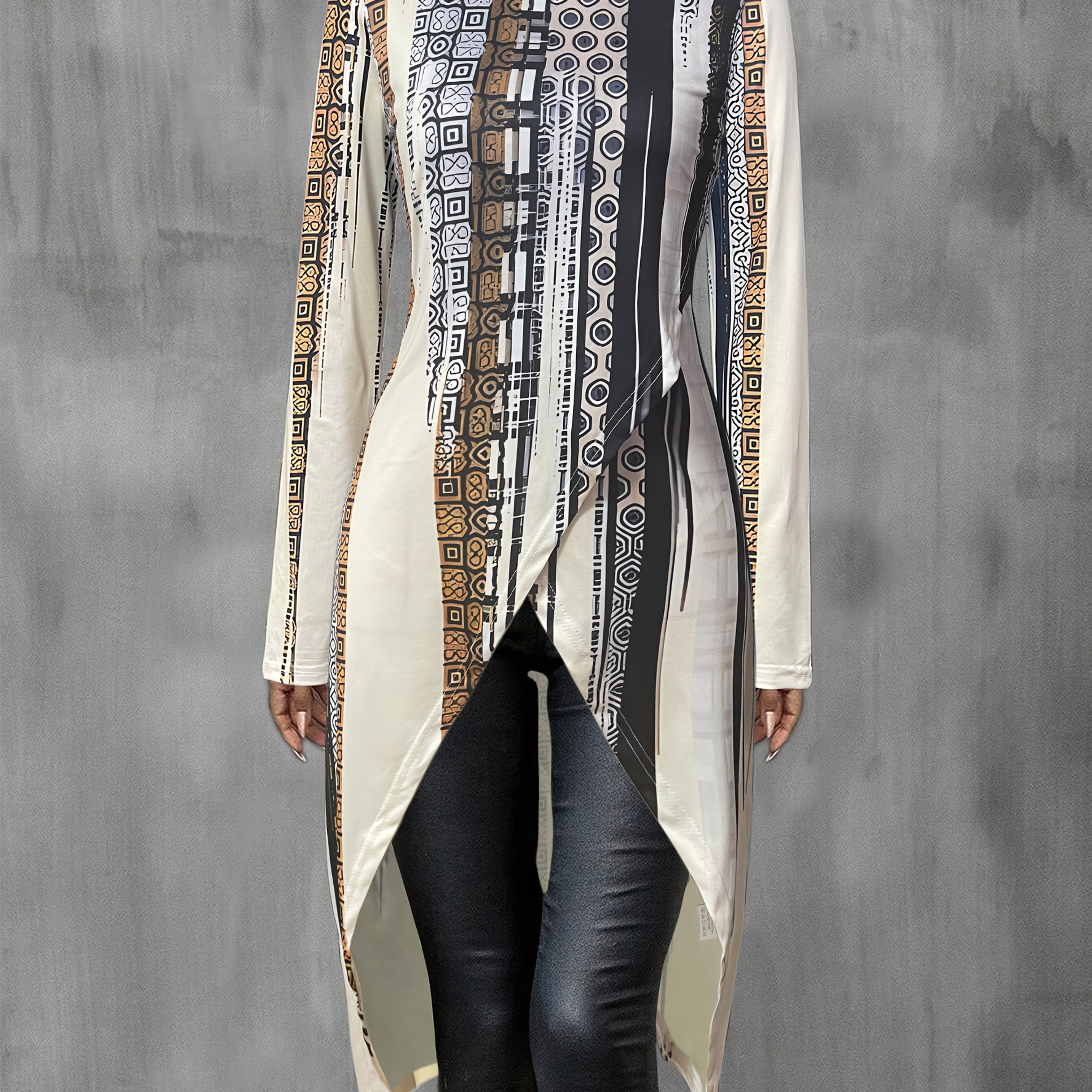 Women's Elegant Long Sleeve Top with Geometric and Striped Print - Round Neck, Asymmetrical Hem, Lightweight Polyester Blend for Spring, Fall, and Winter