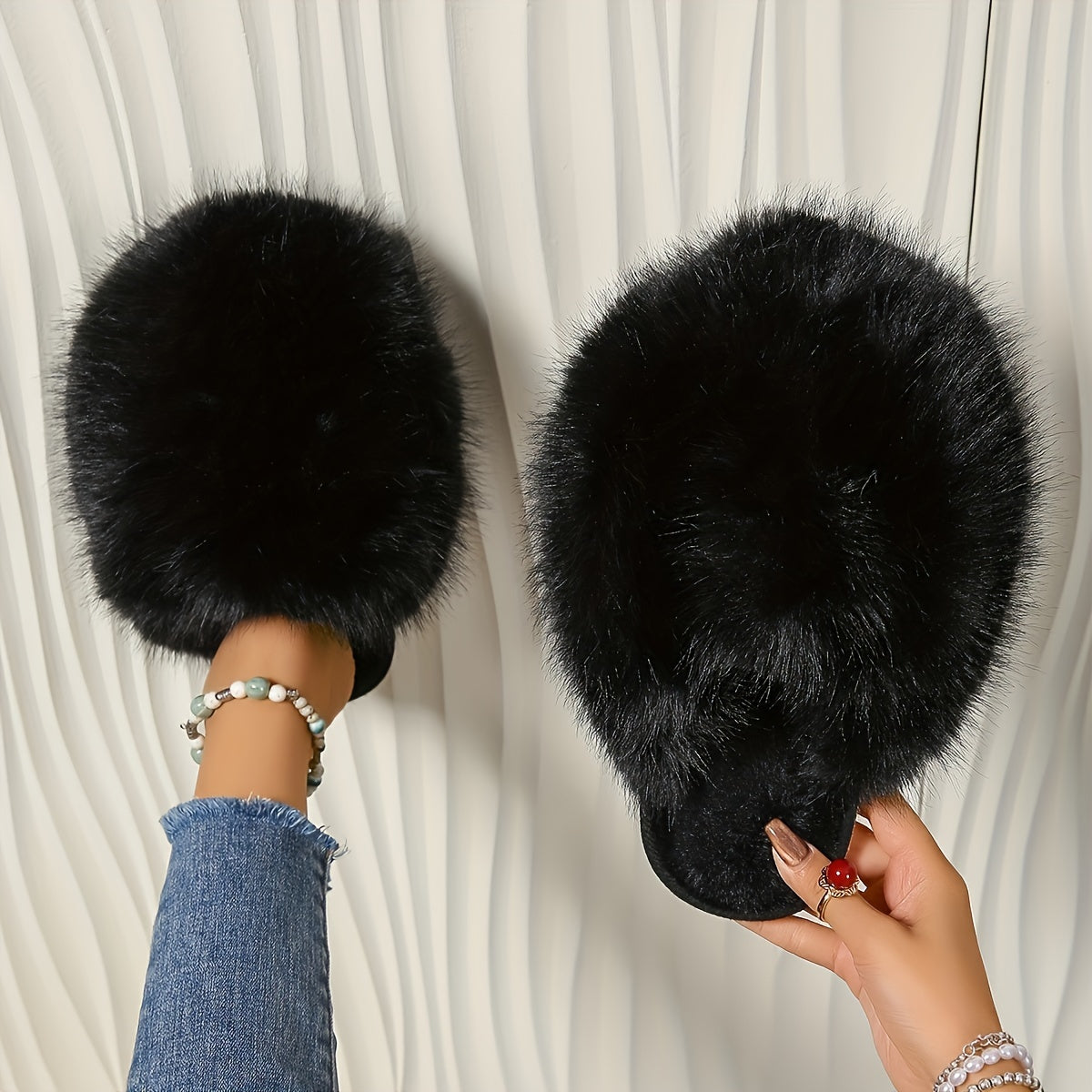 Women's Faux Fur Elegant Slippers – Korean Style, Warm All-Season House Shoes with Non-Slip Rubber Sole