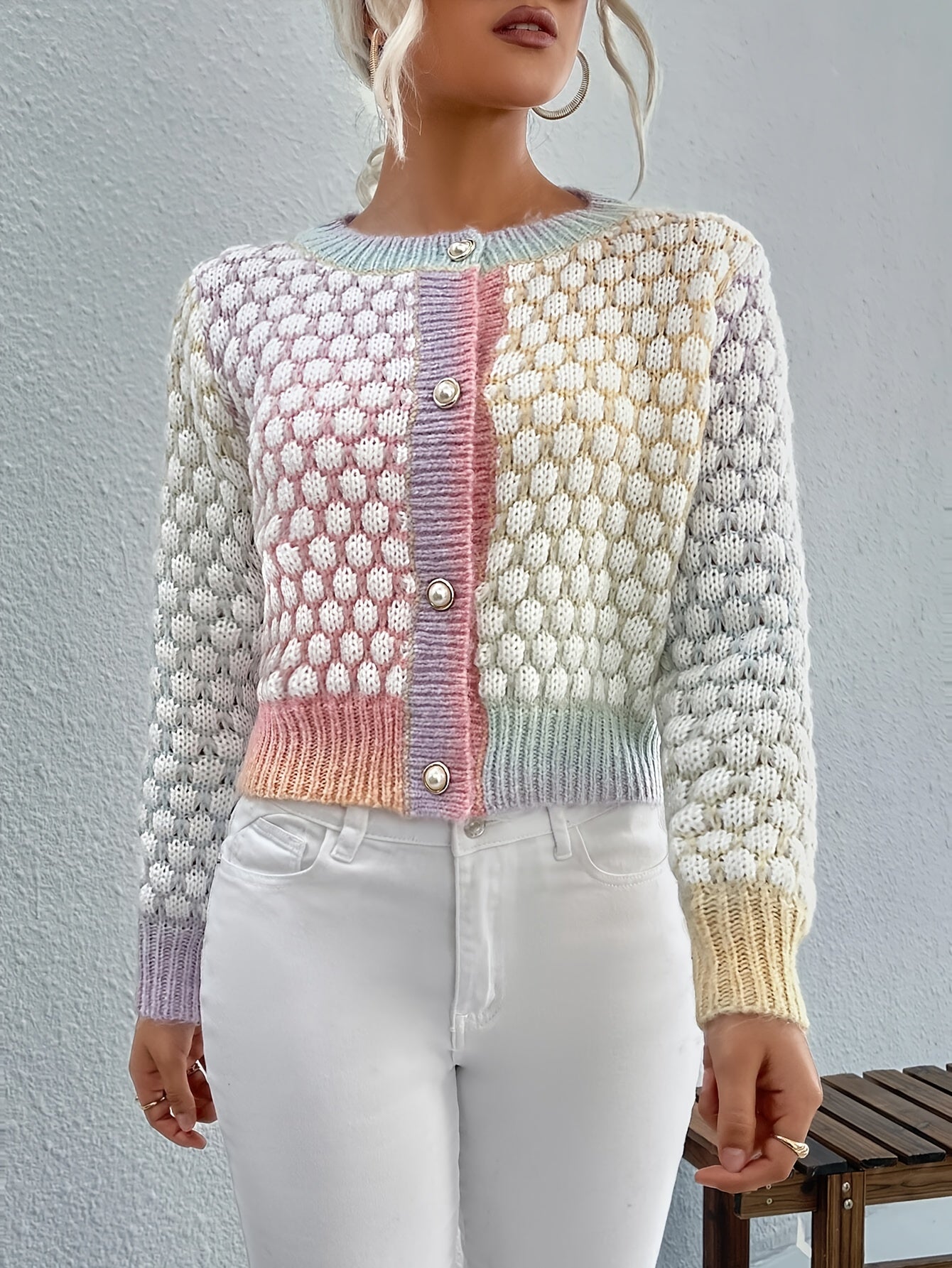 Elegant Multicolor Gradient Knit Cardigan with Button Detail - Cozy Polyester, Round Neck, Long Sleeve - Perfect for Fall & Winter