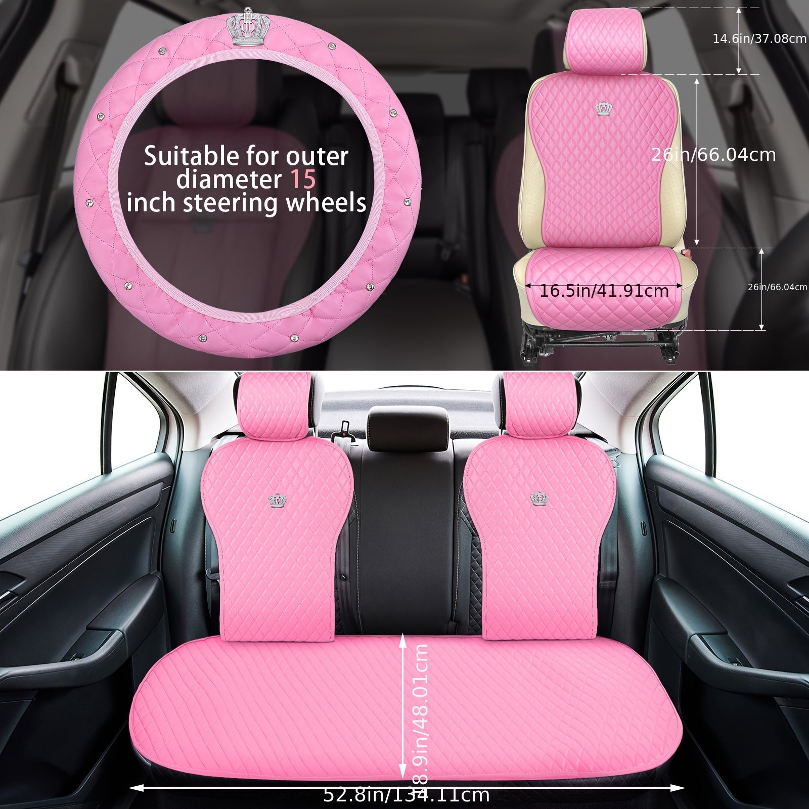 Pink Car Accessories Set Full Set Seat Cover Set Steering Wheel Center Console Handbrake Seat Belt Cover Bling Car Interior Sets Phone Glasses Holder Adapter Car License Frames For Women, 38 Pcs