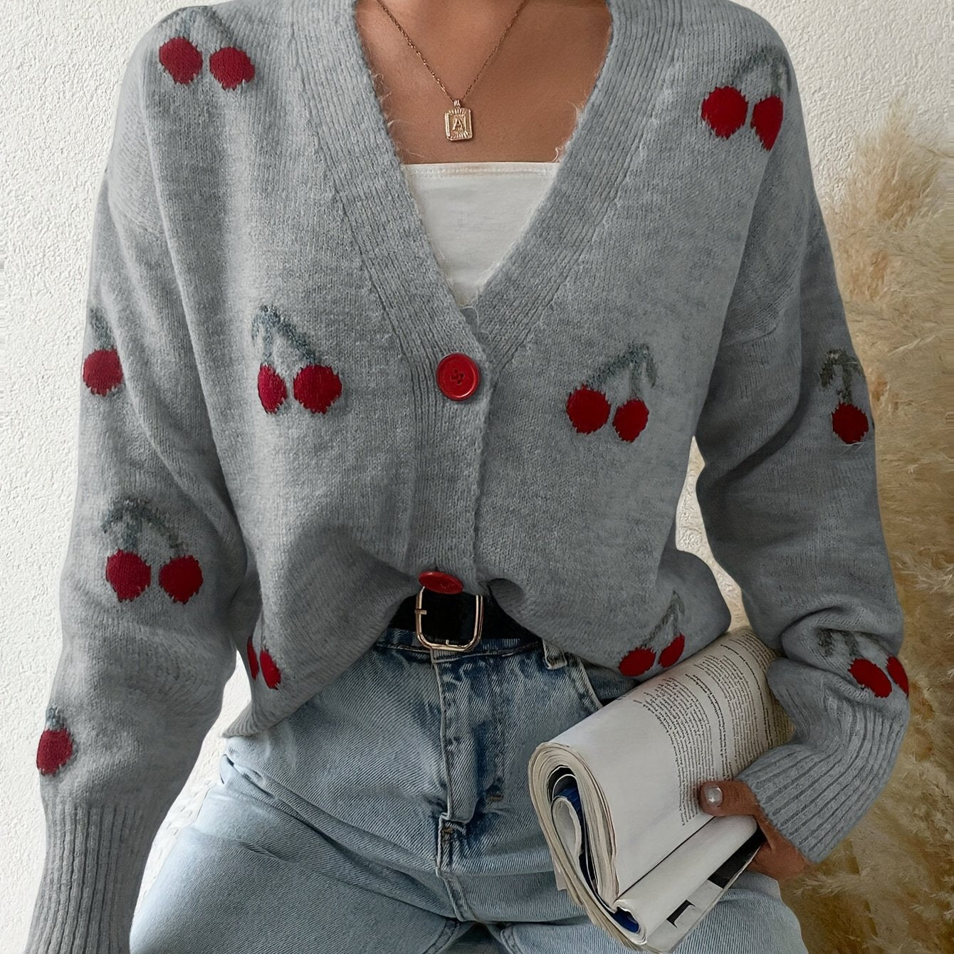 Elegant Cherry Pattern Knit Cardigan for Women - Soft Acrylic Blend, Open Front, Long Sleeve, Cozy Autumn Style with Red Cherry Design on White Background, Cherry Decor