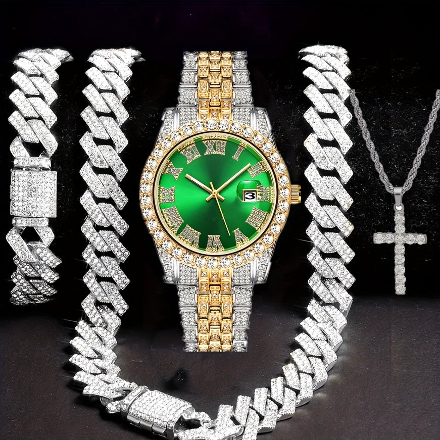 4pcs Men's Hip Hop Bling Set: Golden-Tone Quartz Watch with Rhinestone Bezel, 14mm Cuban Chain Necklace & Bracelet, Cross Pendant - Luxurious Jewelry Gift