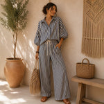Fashionable Striped Lapel Shirt And Pants Womens Set