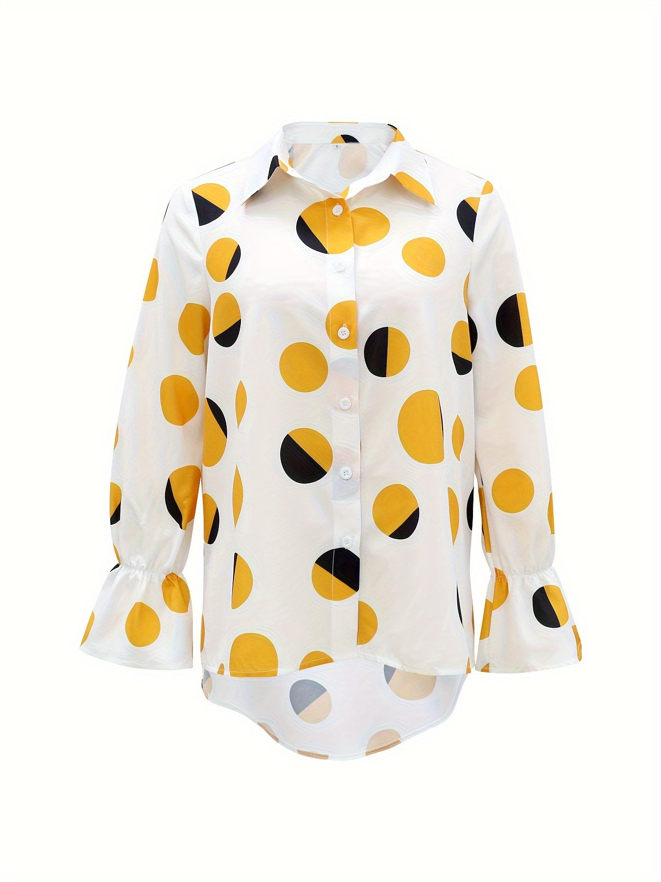 Long Sleeve Elegant Polka Dot Print Shirt - Loose Fit, Dipped Hem, Slit Hem, Machine Washable, Random Printing - Perfect for Spring, Summer, and Fall Seasons