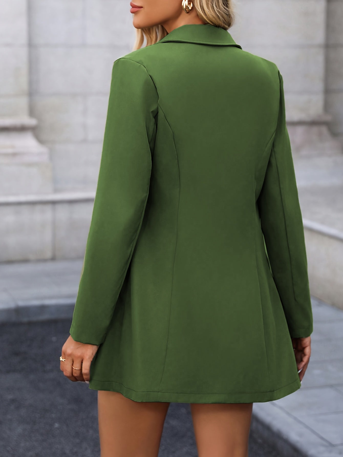 Women's Elegant Green Blazer Jacket - Casual Chic Style with Double-Breasted Buttons, Long Sleeves, and Flap Pockets, Polyester Blend, Perfect for All Seasons