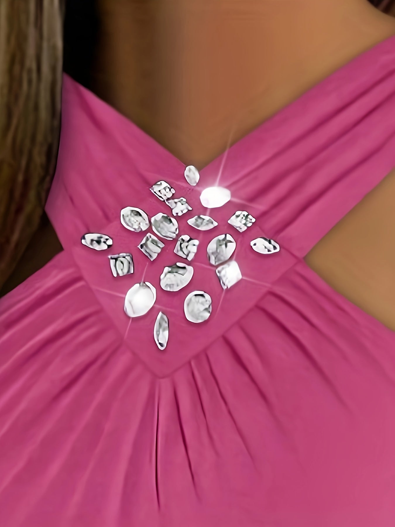 Women'S Off-Shoulder Rhinestone Embellished Pleated Top, 100% Polyester Knit Fabric, Slim Fit Sleeveless Casual Blouse for Spring/Summer