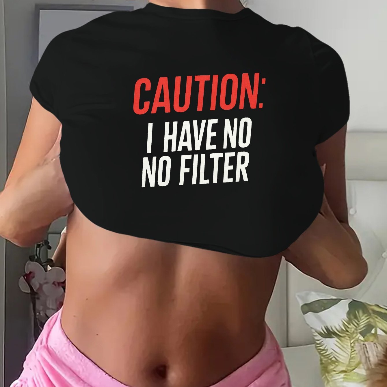 Y2K-Inspired "Caution: I Have No Filter" Graphic Crop Top T-Shirt for Women - Short Sleeve, Crew Neck, Stretchy Polyester Blend, Machine Washable, Casual & Playful Design