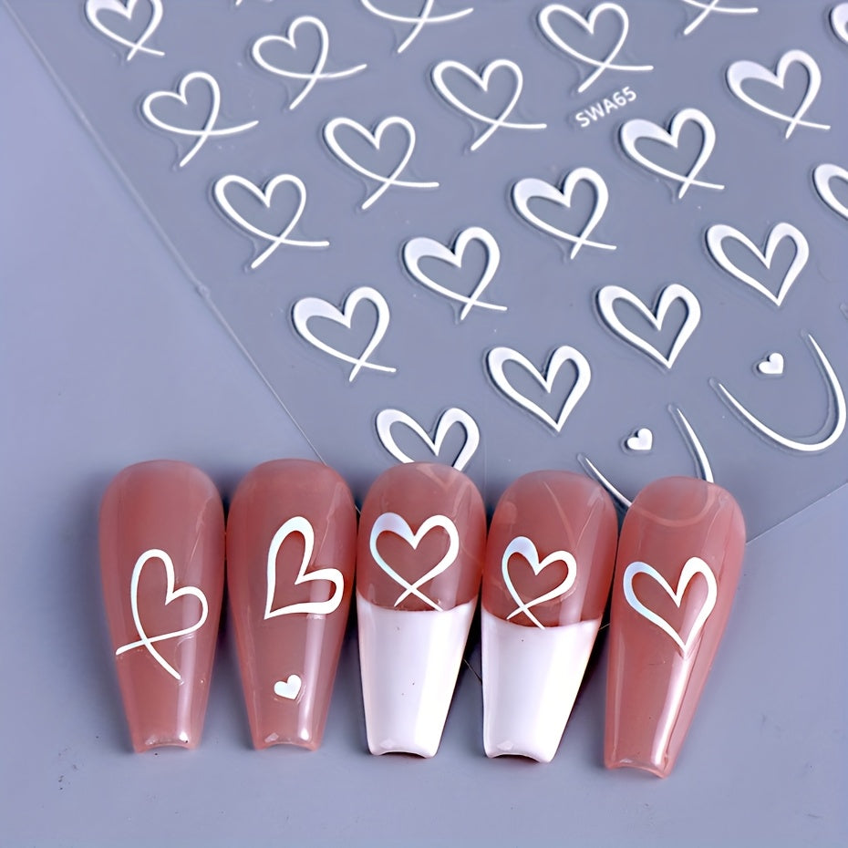 8pcs Rectangle Self-adhesive Glossy Plastic Nail Stickers, Pink Black White, Heart Pattern, Valentine Design, Golden Geometry Wave Lines Stripe Stars, Fantasy Theme, with Glitter, for Manicure Decoration