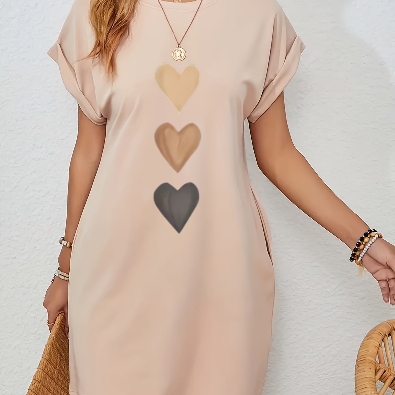 Everyday Women's Casual Heart Print Batwing Sleeve Dress with Hidden Pockets - Beige Color, Polyester Fabric, Round Neck, Machine Washable, Spring/Summer/Fall Style, Cozy Long Sleeve Knitted Dress